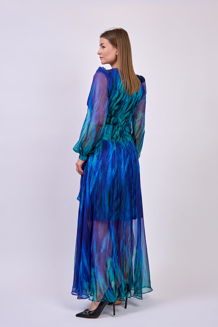 Royal Blue Green Long Blouson Sleeves A Line Chiffon Evening Gown With Front Slits