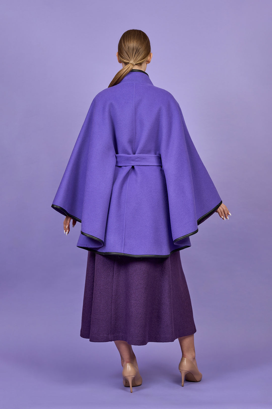 Luxury Purple Belted Cape Coat in Virgin Wool Cashmere With Black Leather Trim in Lake Forest Shop, Illinois, USA fashion designer Alesia C. boutique AlesiaC,com