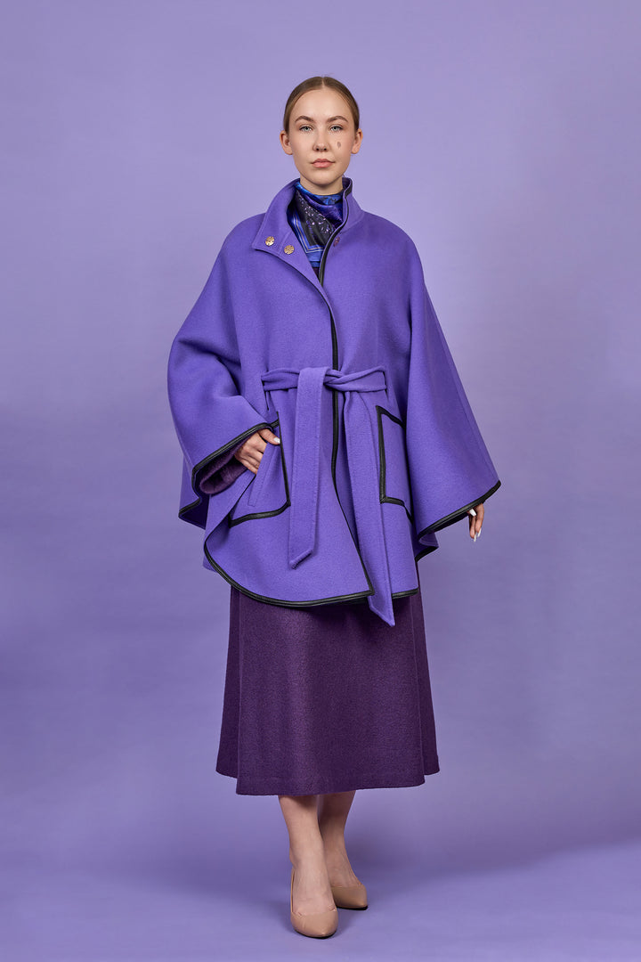 Luxury Purple Belted Cape Coat in Virgin Wool Cashmere With Black Leather Trim in Lake Forest Shop, Illinois, USA fashion designer Alesia C. boutique AlesiaC,com