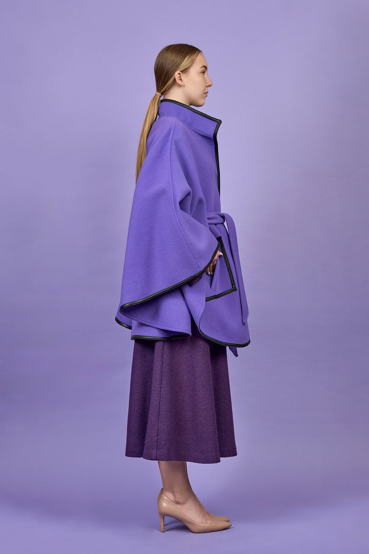 Luxury Purple Belted Cape Coat in Virgin Wool Cashmere With Black Leather Trim in Lake Forest Shop, Illinois, USA fashion designer Alesia C. boutique AlesiaC,com