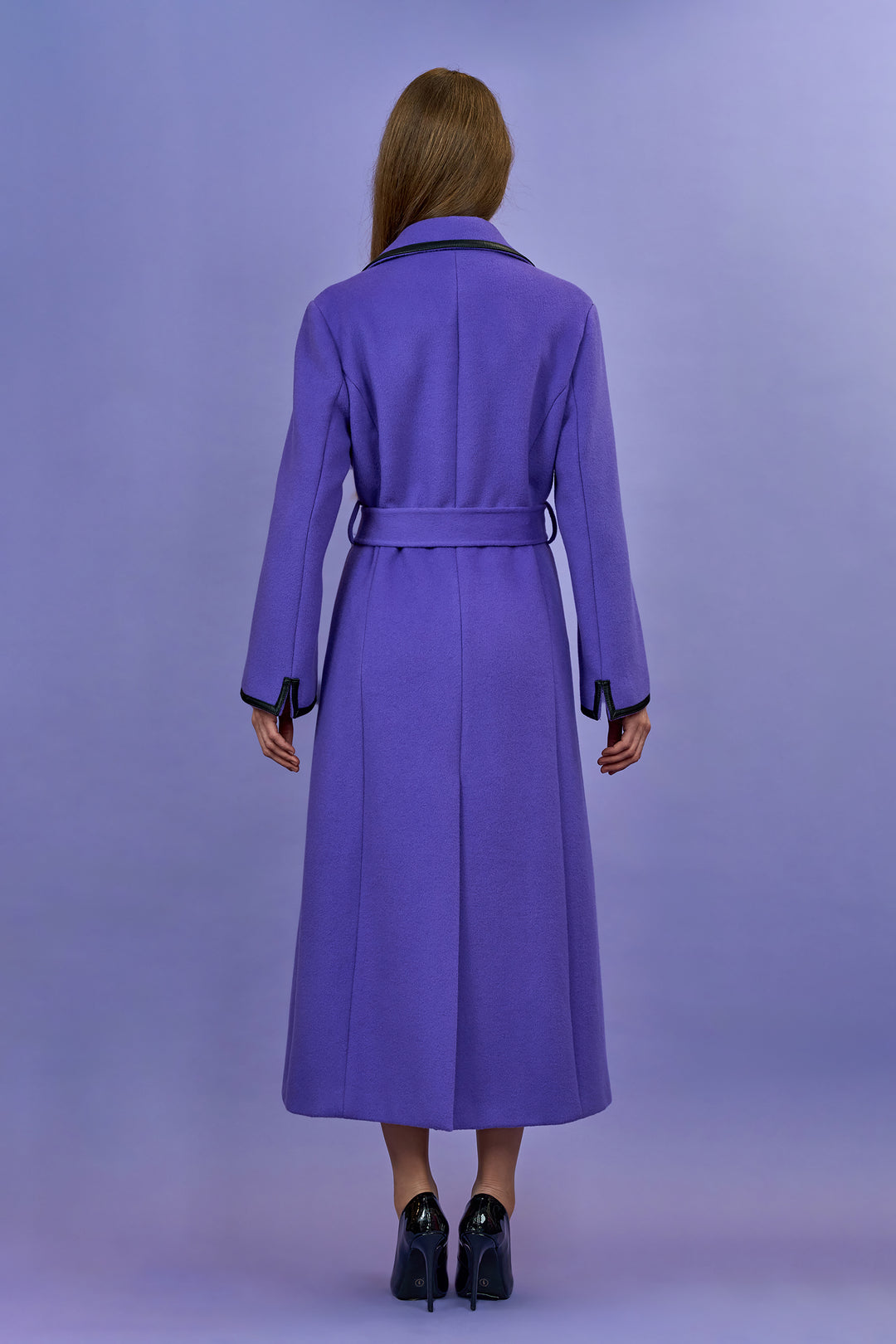 TANYA COUTURE Virgin Wool Cashmere Purple Belted Tailred Long Coat