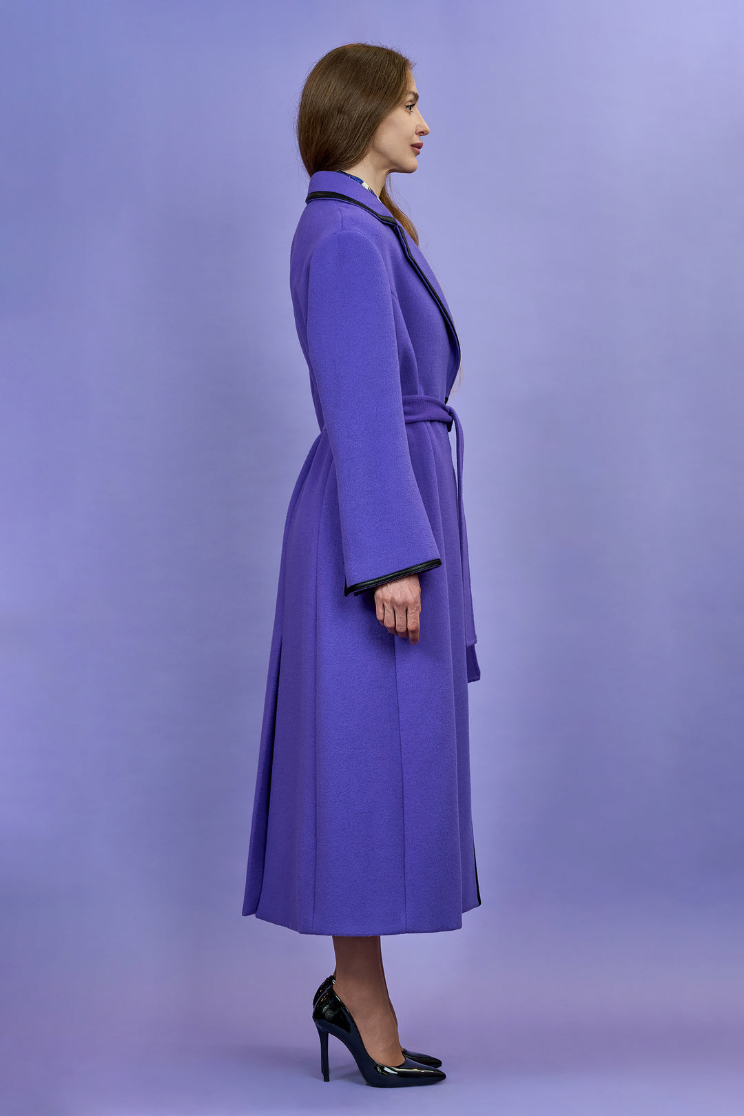 TANYA COUTURE Virgin Wool Cashmere Purple Belted Tailred Long Coat