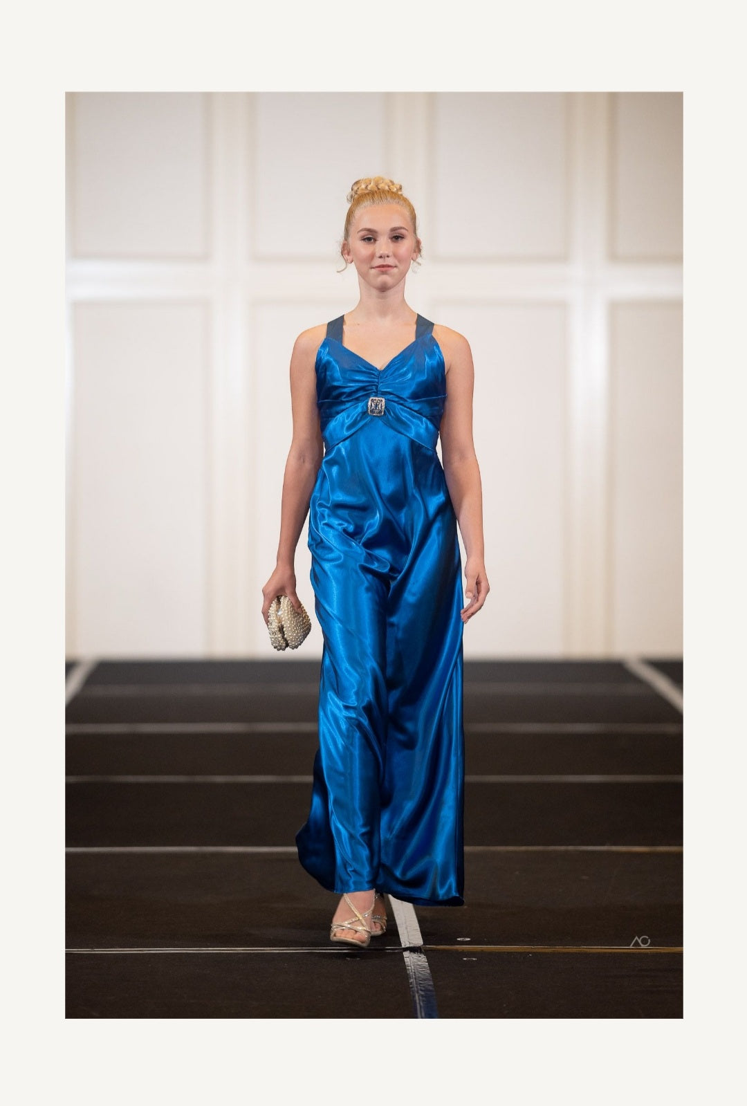 Royal blue silk long couture gown with sweetheart neckline, criss-cross low back, and long sash in A-line silhouette for any occasion 4