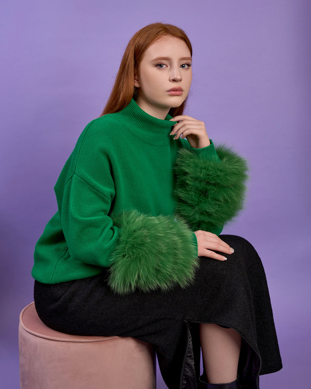 JEN Detachable Fox Fur Cuff Luxury Merino Wool Pullover Sweater With Removable Fur Cuffs in Green by Alesia C. AlesiaC.com