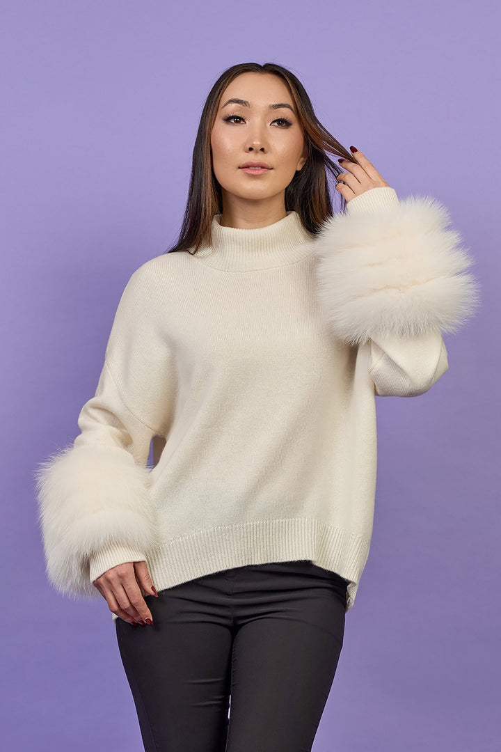 JEN Detachable Fox Fur Cuff Luxury Merino Wool Pullover Sweater With Removable Fur Cuffs in White by Alesia C. AlesiaC.com