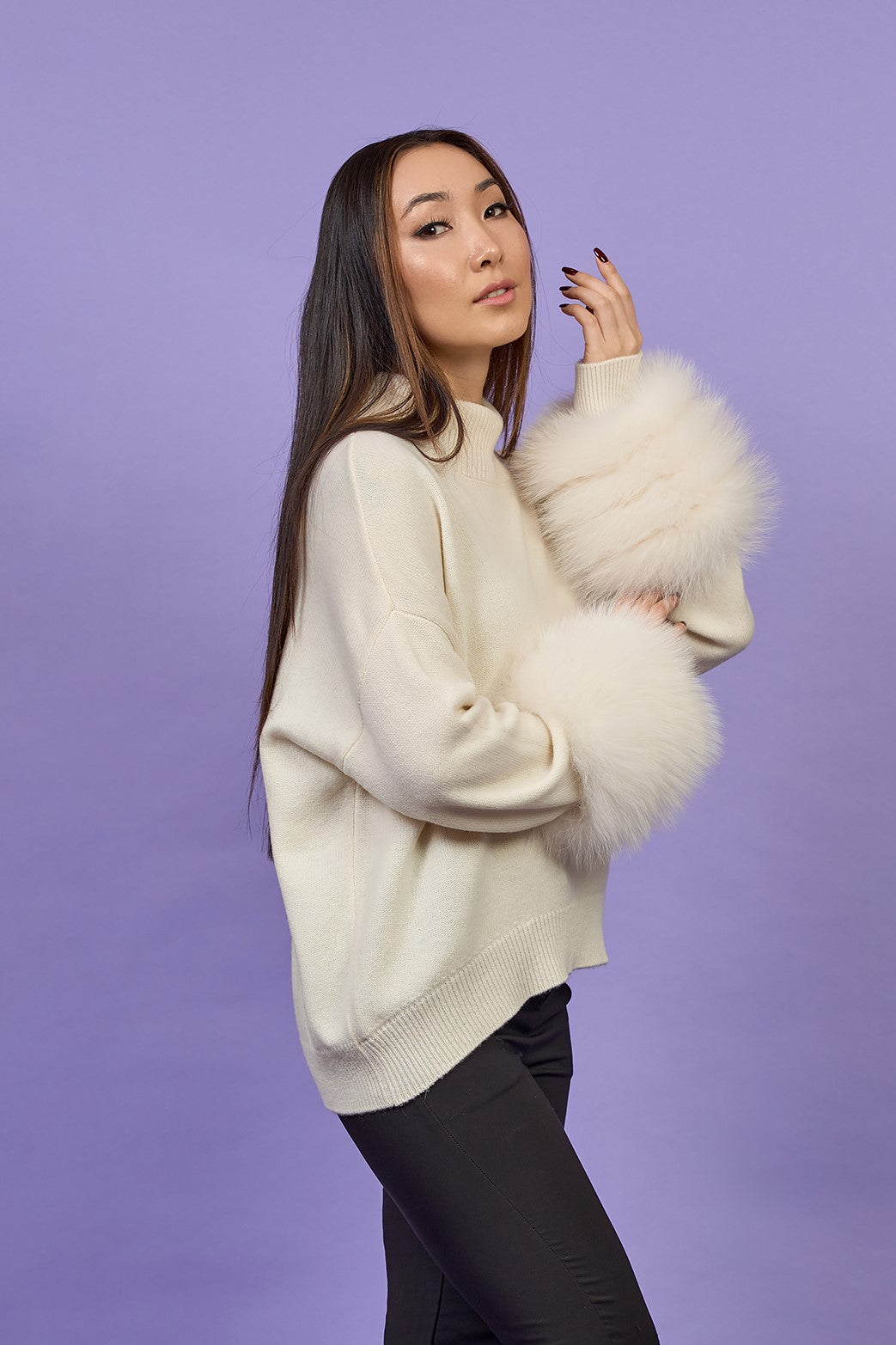 JEN Detachable Fox Fur Cuff Luxury Merino Wool Pullover Sweater With Removable Fur Cuffs in White by Alesia C. AlesiaC.com