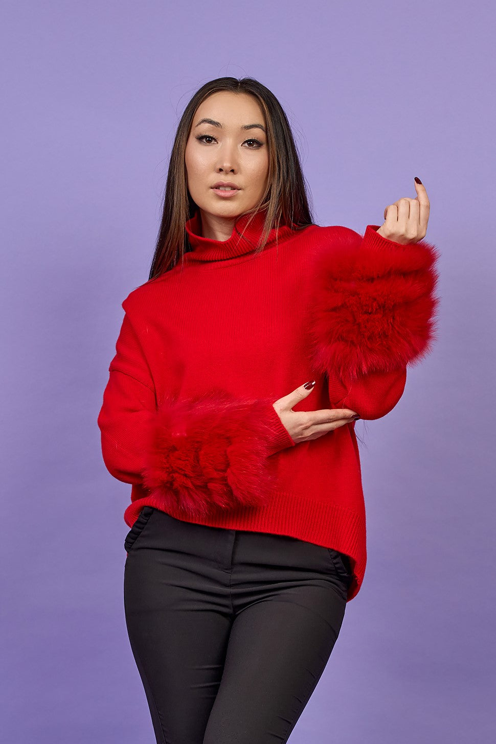 JEN Detachable Fox Fur Cuff Luxury Merino Wool Pullover Sweater With Removable Fur Cuffs in Red by Alesia C. AlesiaC.com