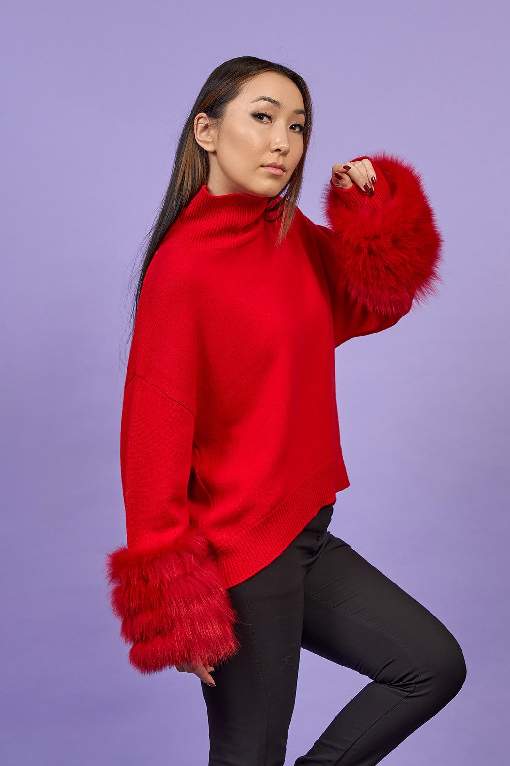 JEN Detachable Fox Fur Cuff Luxury Merino Wool Pullover Sweater With Removable Fur Cuffs in Red by Alesia C. AlesiaC.com