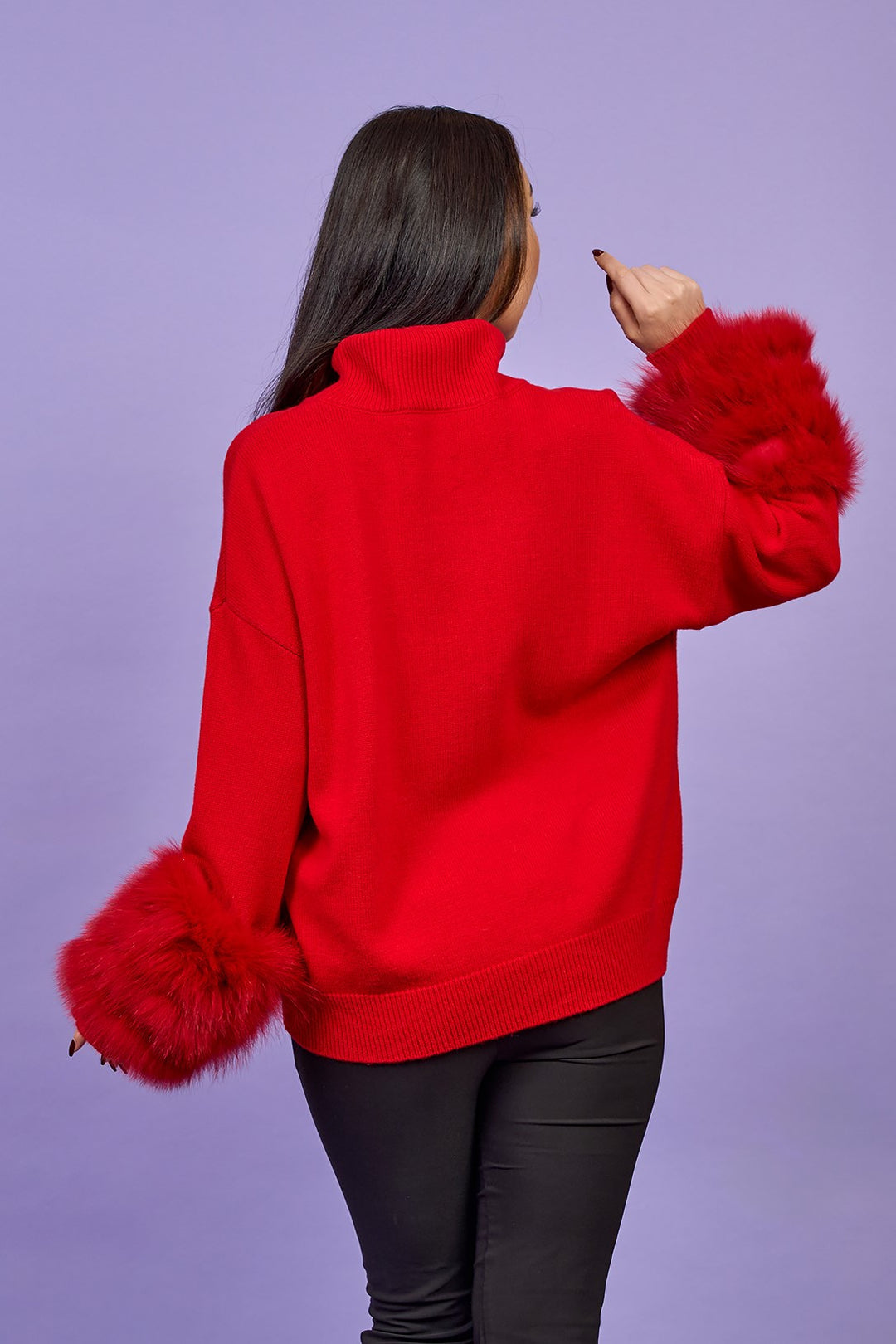 JEN Detachable Fox Fur Cuff Luxury Merino Wool Pullover Sweater With Removable Fur Cuffs in Red by Alesia C. AlesiaC.com