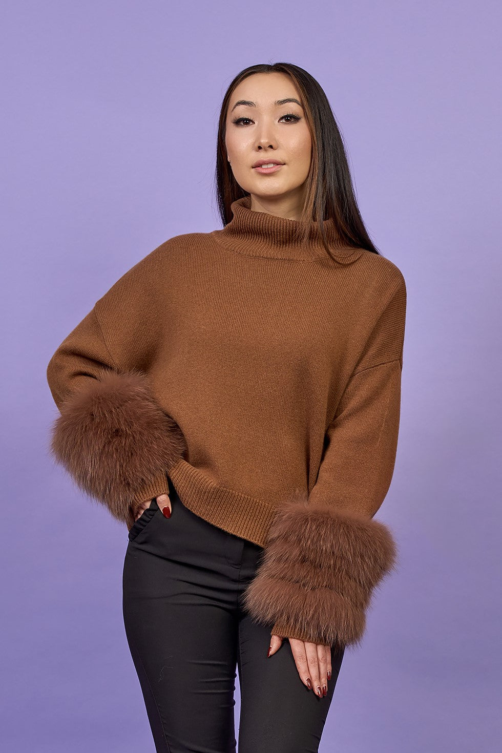 JEN Detachable Fox Fur Cuff Luxury Merino Wool Pullover Sweater With Removable Fur Cuffs in Brown by Alesia C. AlesiaC.com