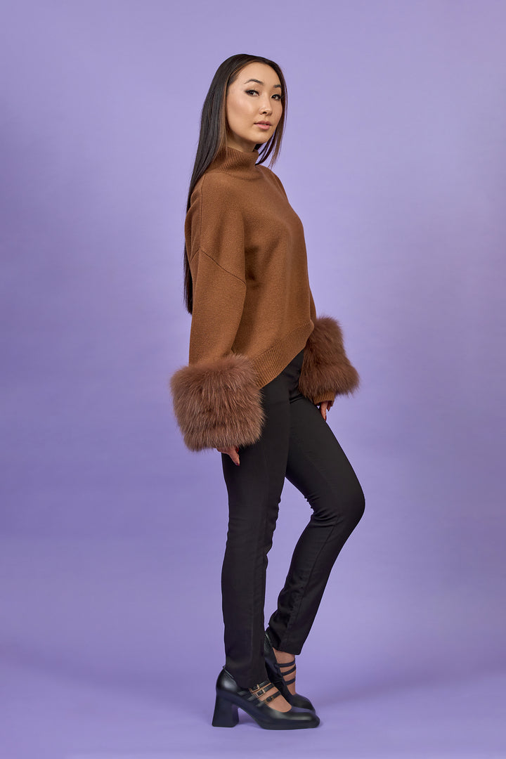 JEN Detachable Fox Fur Cuff Luxury Merino Wool Pullover Sweater With Removable Fur Cuffs in Brown by Alesia C. AlesiaC.com