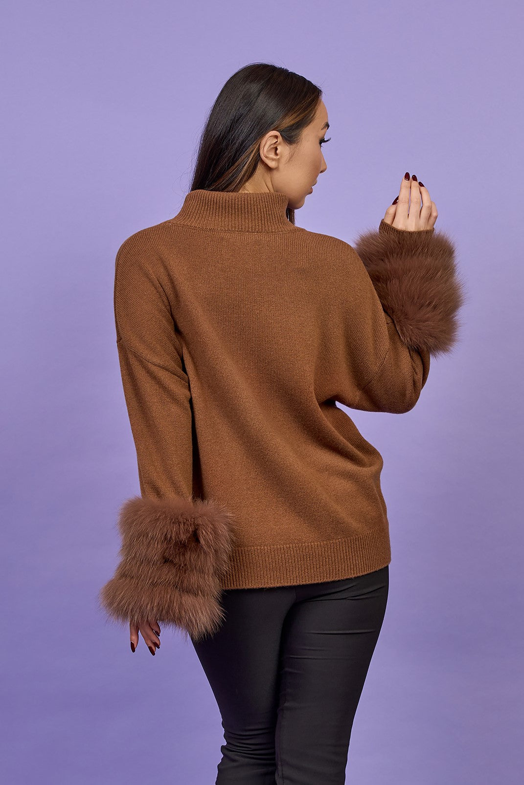 JEN Detachable Fox Fur Cuff Luxury Merino Wool Pullover Sweater With Removable Fur Cuffs in Brown by Alesia C. AlesiaC.com