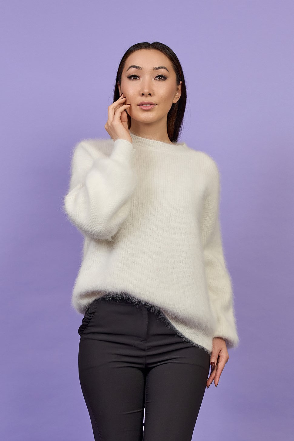 Alesia C YANA Luxury Designer Angora Crewneck Pullover Sweater in White