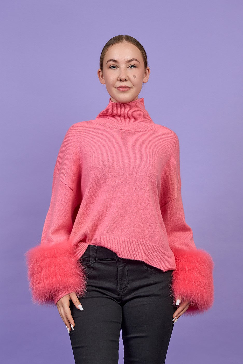 JEN Detachable Fox Fur Cuff Luxury Merino Wool Pullover Sweater With Removable Fur Cuffs in Coral Pink by Alesia C. AlesiaC.com