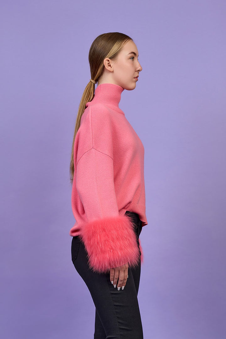 JEN Detachable Fox Fur Cuff Luxury Merino Wool Pullover Sweater With Removable Fur Cuffs in Coral Pink by Alesia C. AlesiaC.com