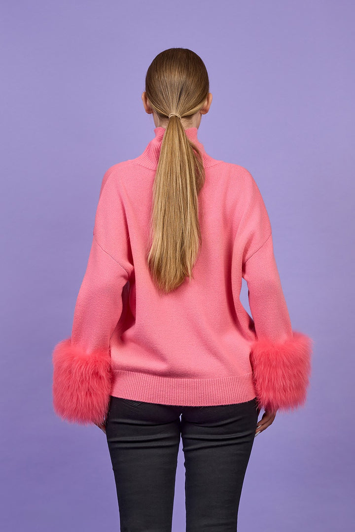 JEN Detachable Fox Fur Cuff Luxury Merino Wool Pullover Sweater With Removable Fur Cuffs in Coral Pink by Alesia C. AlesiaC.com