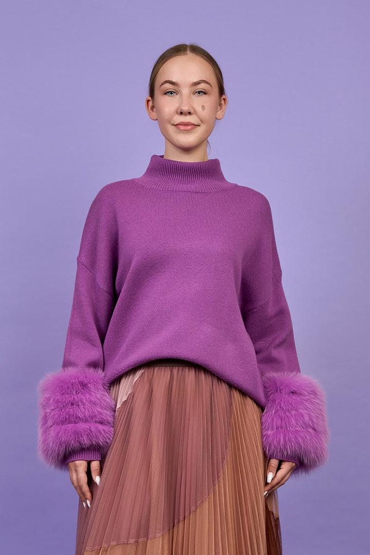 JEN Detachable Fox Fur Cuff Luxury Merino Wool Pullover Sweater With Removable Fur Cuffs in Purple by Alesia C. AlesiaC.com