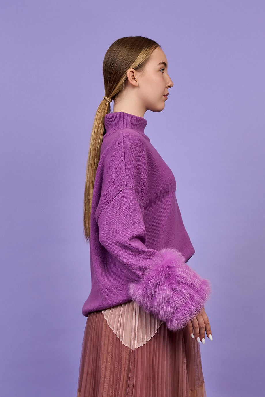 JEN Detachable Fox Fur Cuff Luxury Merino Wool Pullover Sweater With Removable Fur Cuffs in Purple by Alesia C. AlesiaC.com