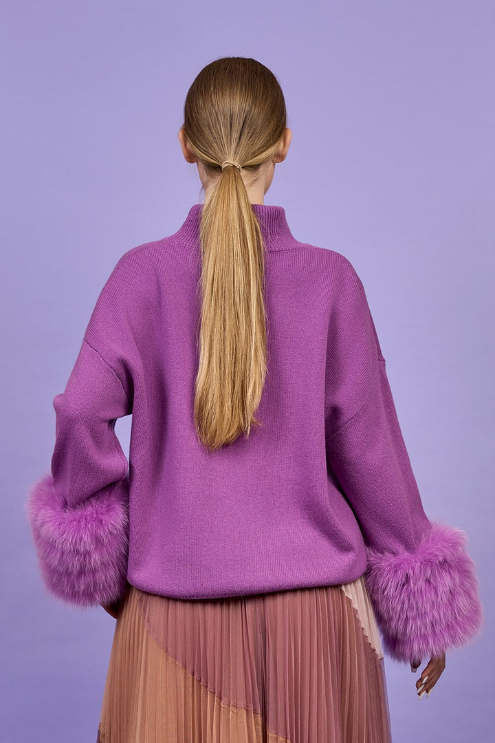 JEN Detachable Fox Fur Cuff Luxury Merino Wool Pullover Sweater With Removable Fur Cuffs in Purple by Alesia C. AlesiaC.com