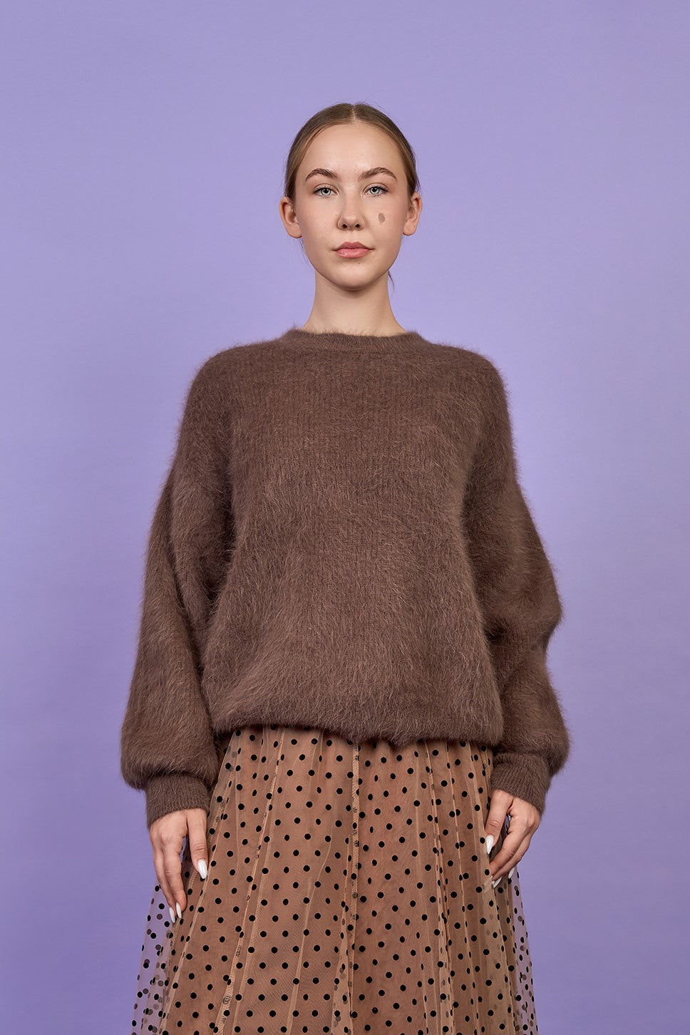 Alesia C YANA Luxury Angora Crewneck Pullover Sweater in Mocha Brown