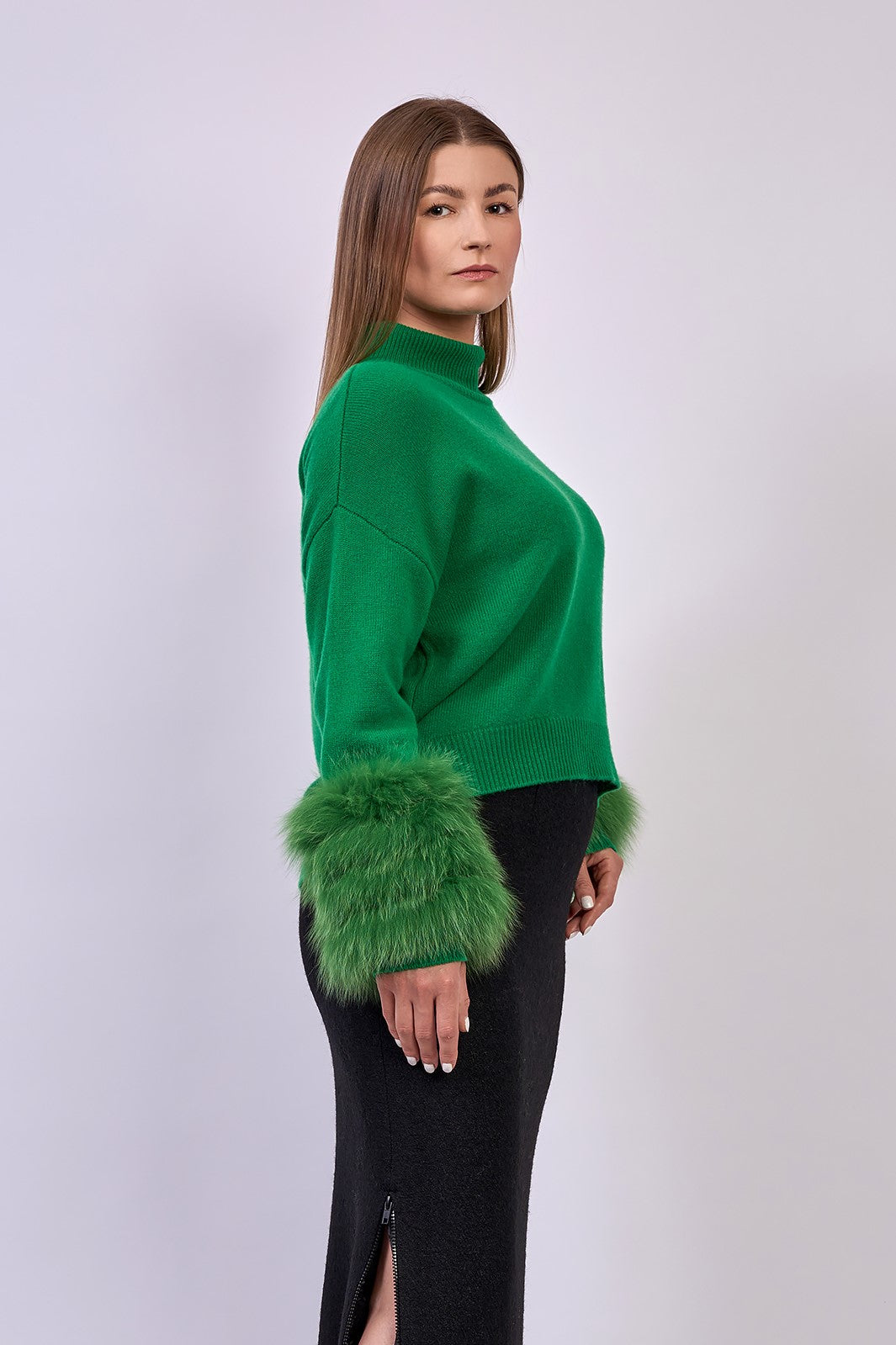 JEN Detachable Fox Fur Cuff Luxury Merino Wool Pullover Sweater With Removable Fur Cuffs in Green by Alesia C. AlesiaC.com