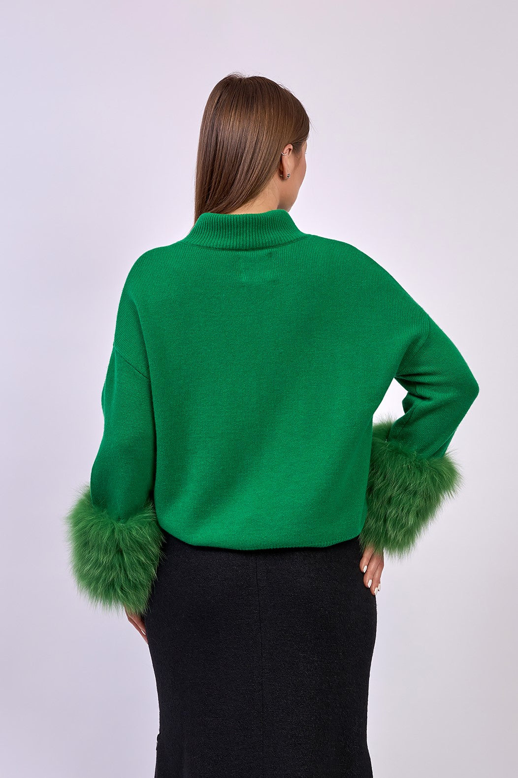 JEN Detachable Fox Fur Cuff Luxury Merino Wool Pullover Sweater With Removable Fur Cuffs in Green by Alesia C. AlesiaC.com