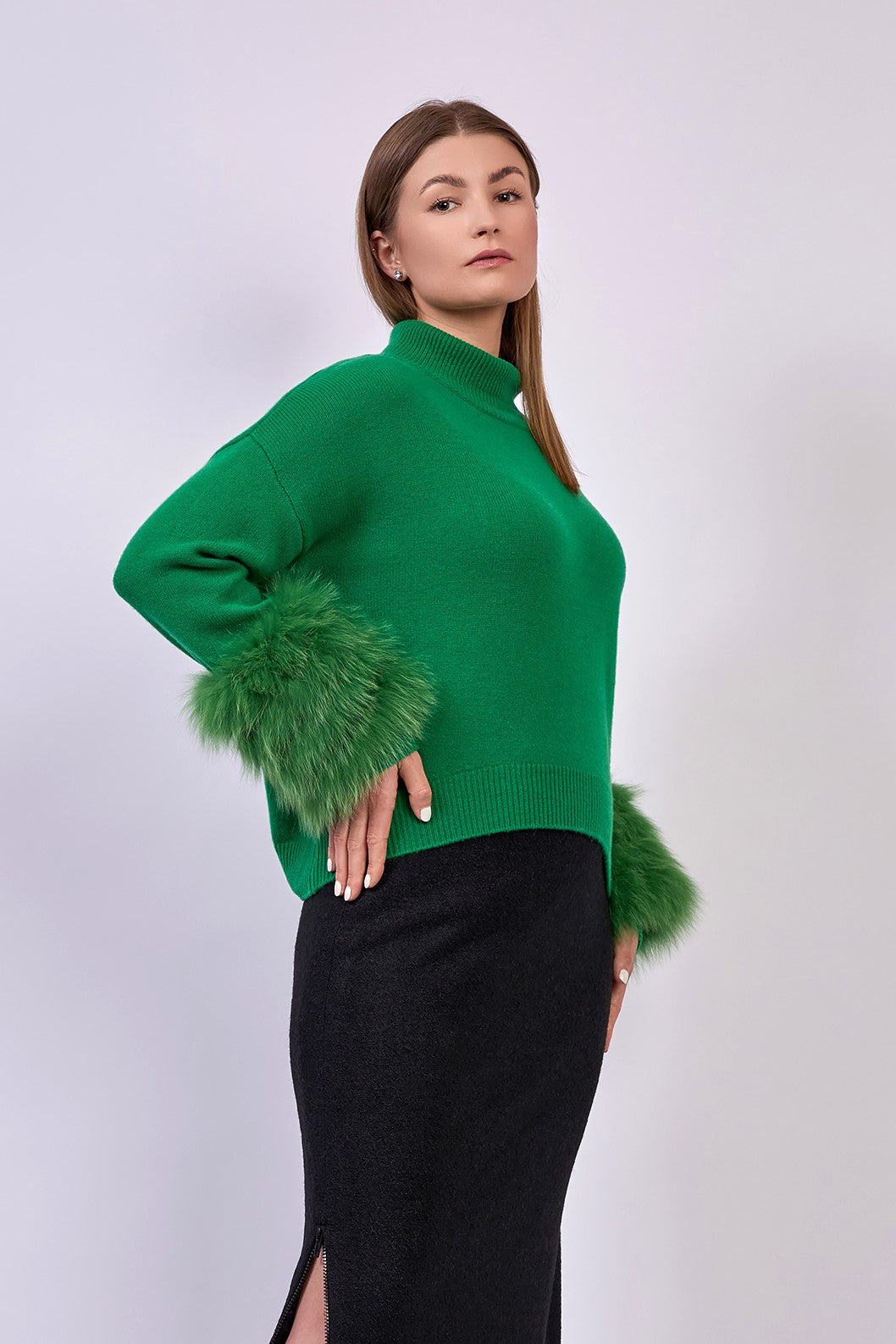 JEN Detachable Fox Fur Cuff Luxury Merino Wool Pullover Sweater With Removable Fur Cuffs in Green by Alesia C. AlesiaC.com