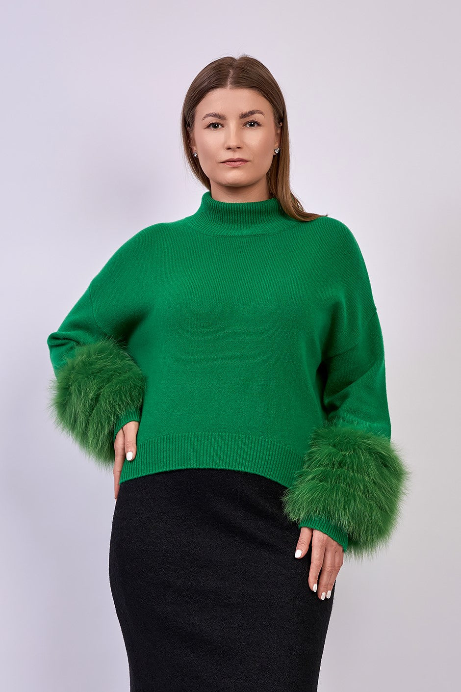 JEN Detachable Fox Fur Cuff Luxury Merino Wool Pullover Sweater With Removable Fur Cuffs in Green by Alesia C. AlesiaC.com