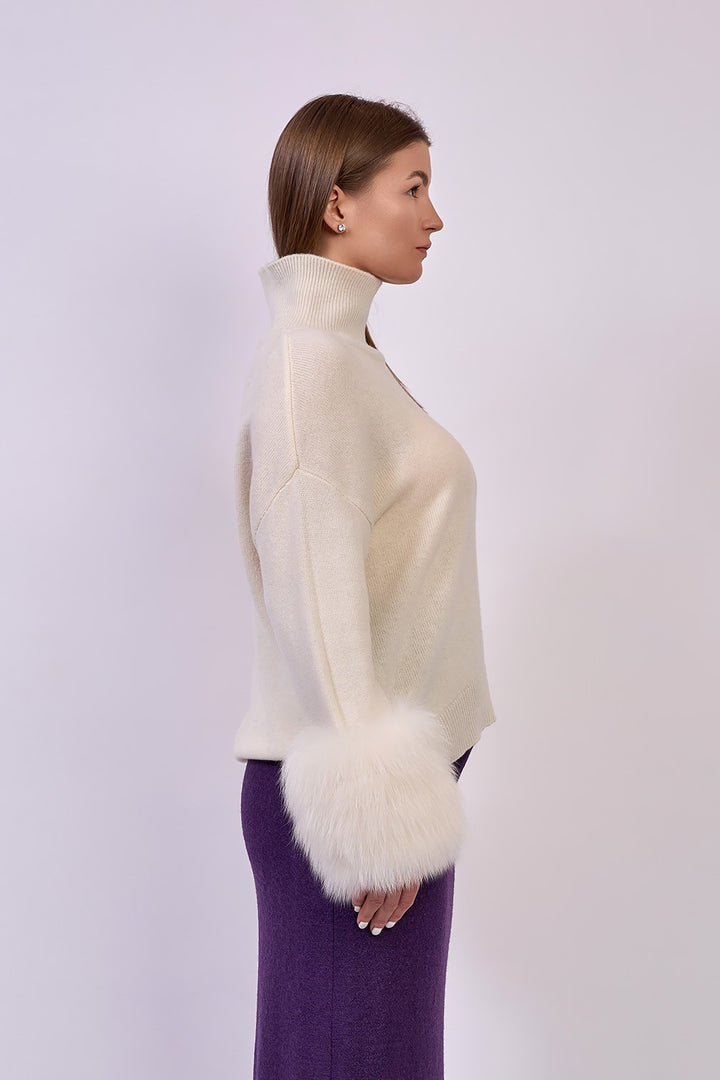 JEN Detachable Fox Fur Cuff Luxury Merino Wool Pullover Sweater With Removable Fur Cuffs in White by Alesia C. AlesiaC.com