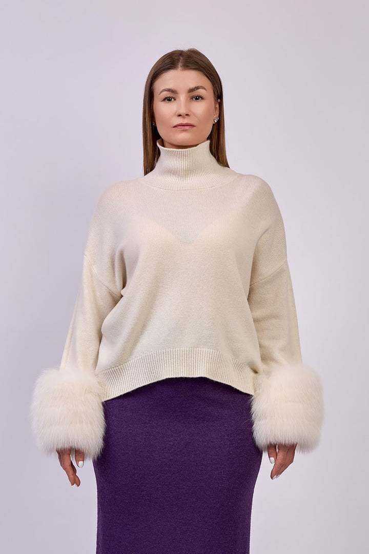 JEN Detachable Fox Fur Cuff Luxury Merino Wool Pullover Sweater With Removable Fur Cuffs in White by Alesia C. AlesiaC.com