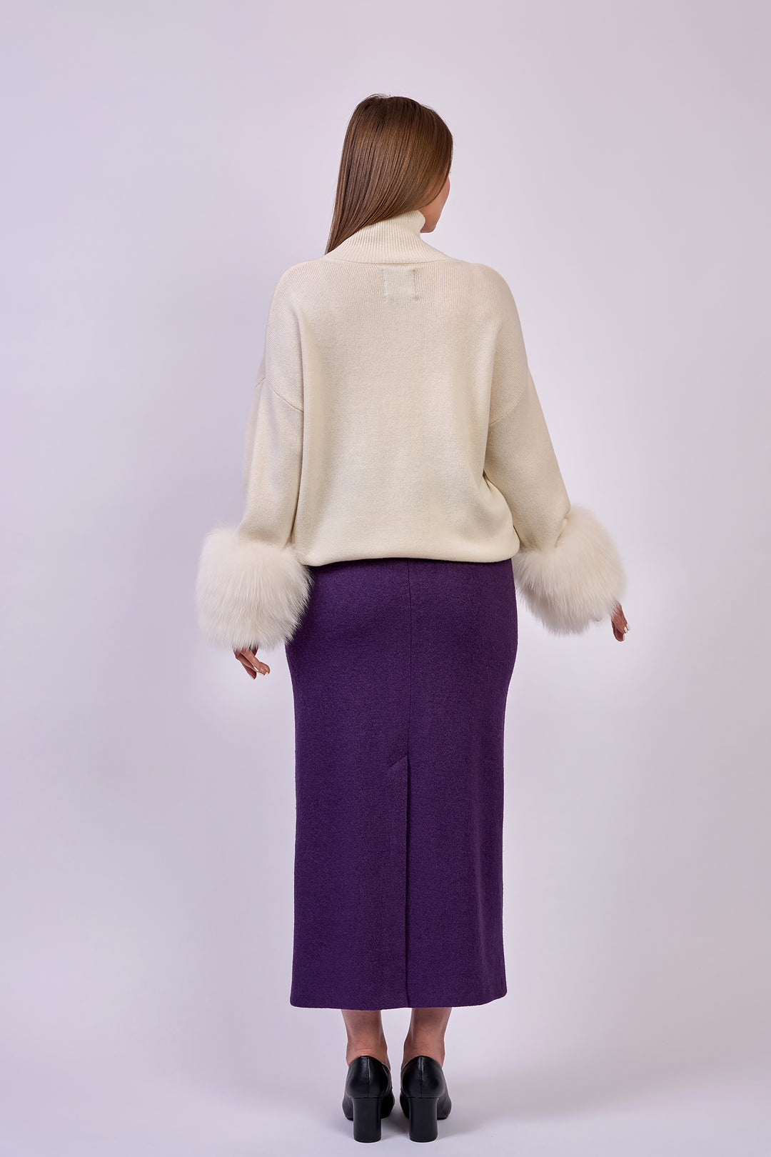 FAINA Stretch Boiled Tweed Virgin Wool Tailored Maxi Skirt in Eggplant