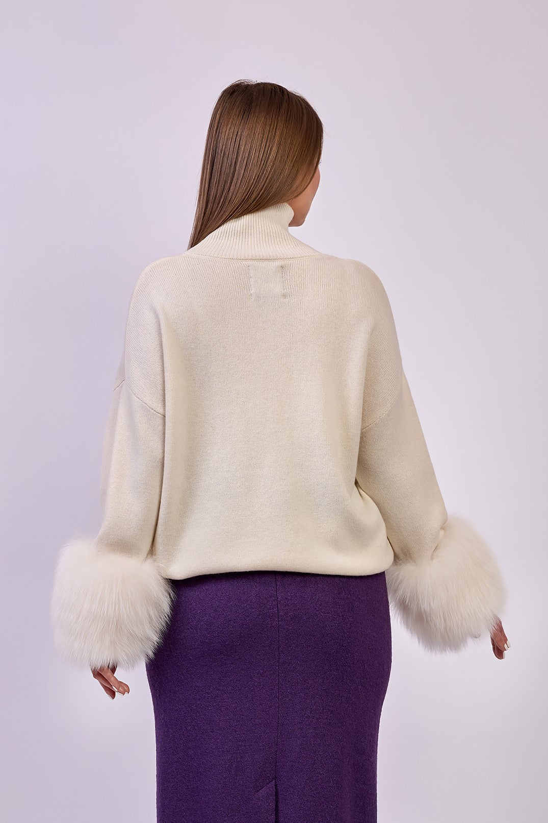 JEN Detachable Fox Fur Cuff Luxury Merino Wool Pullover Sweater With Removable Fur Cuffs in White by Alesia C. AlesiaC.com