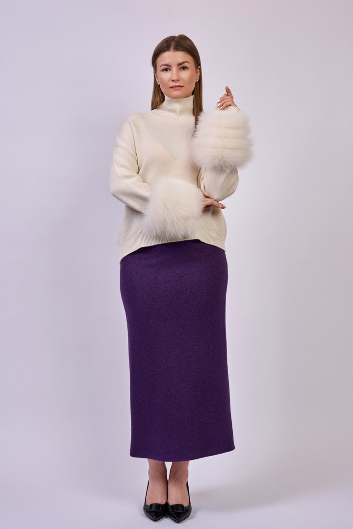 FAINA Stretch Boiled Tweed Virgin Wool Tailored Maxi Skirt in Eggplant