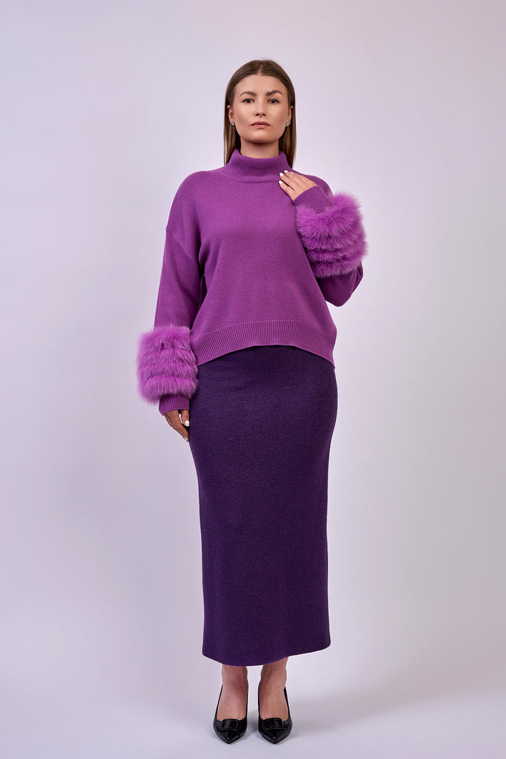 FAINA Stretch Boiled Tweed Virgin Wool Tailored Maxi Skirt in Eggplant