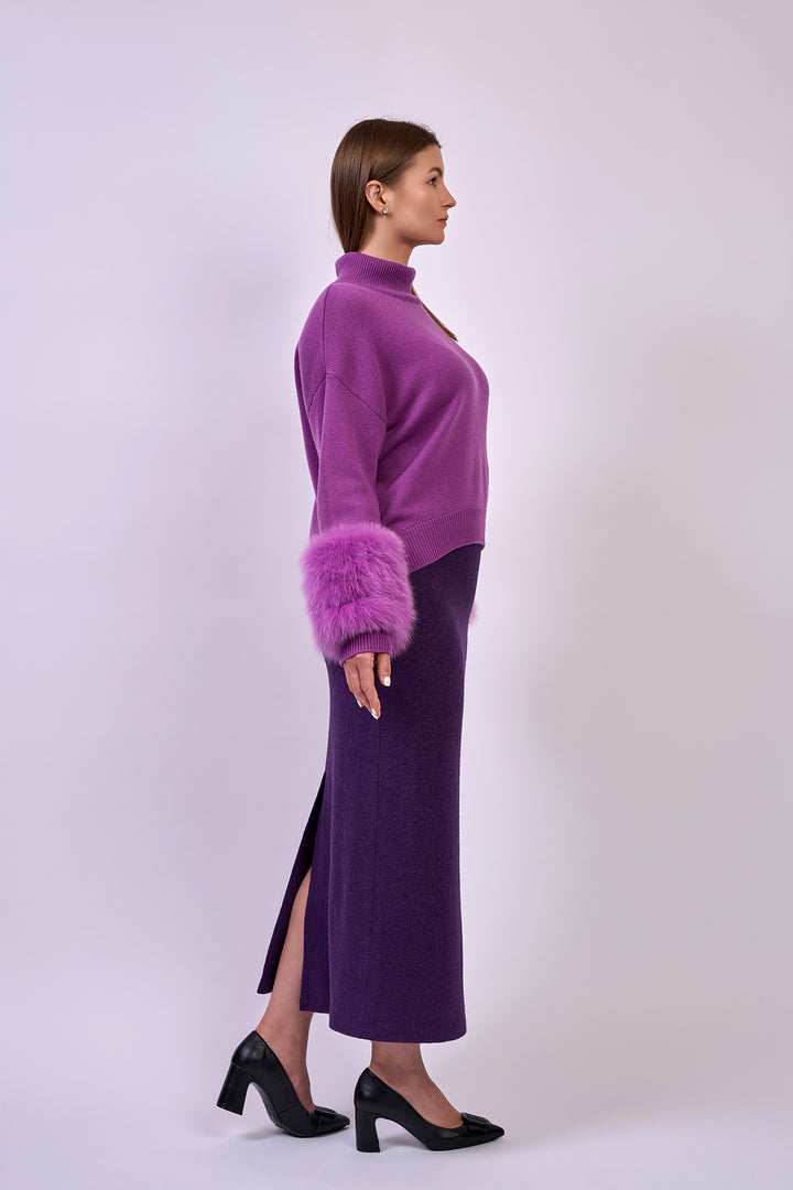 FAINA Stretch Boiled Tweed Virgin Wool Tailored Maxi Skirt in Eggplant