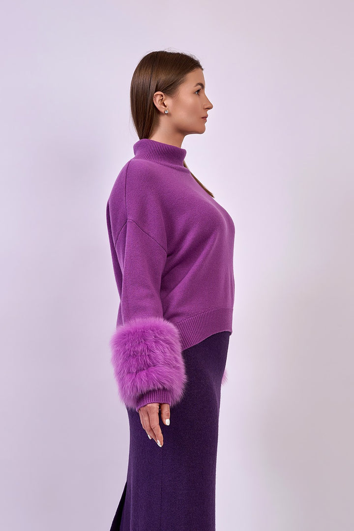 JEN Detachable Fox Fur Cuff Luxury Merino Wool Pullover Sweater With Removable Fur Cuffs in Purple by Alesia C. AlesiaC.com