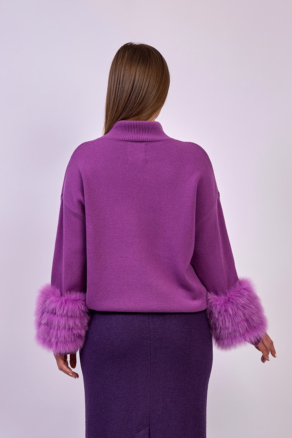 JEN Detachable Fox Fur Cuff Luxury Merino Wool Pullover Sweater With Removable Fur Cuffs in Purple by Alesia C. AlesiaC.com