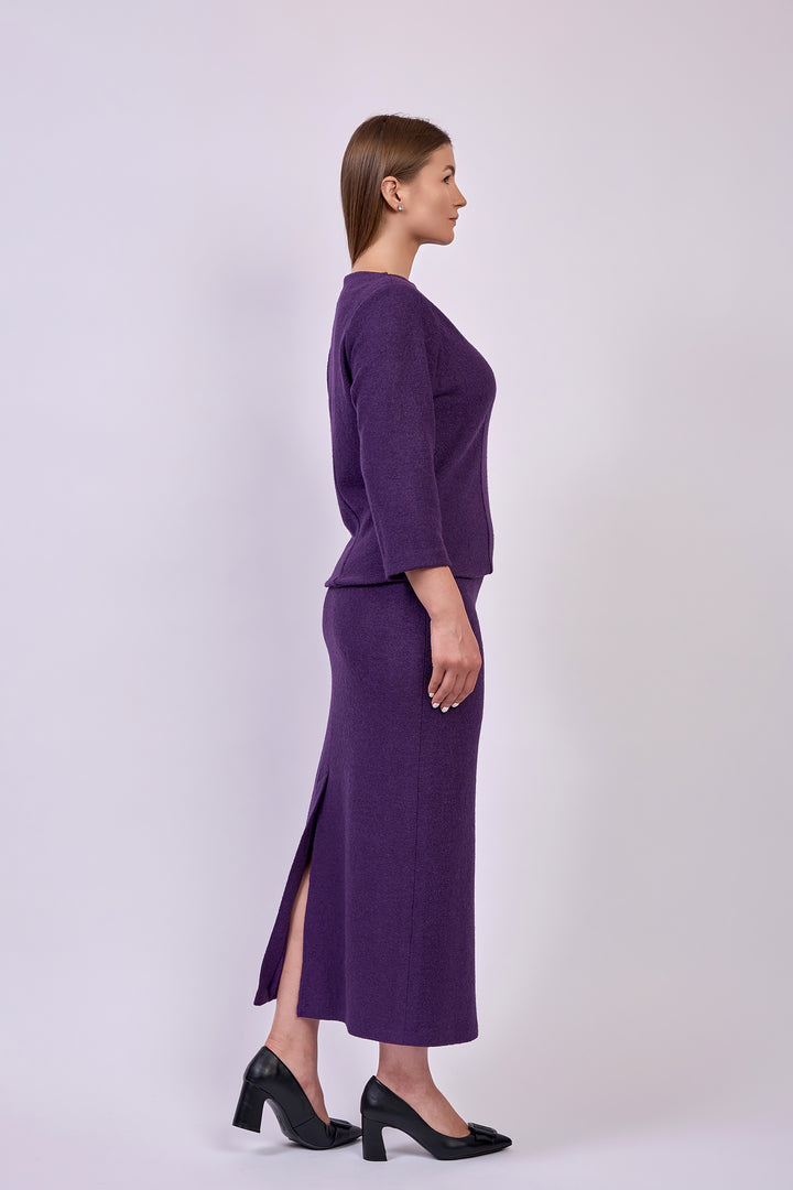 FAINA Stretch Boiled Tweed Virgin Wool Tailored Maxi Skirt in Eggplant