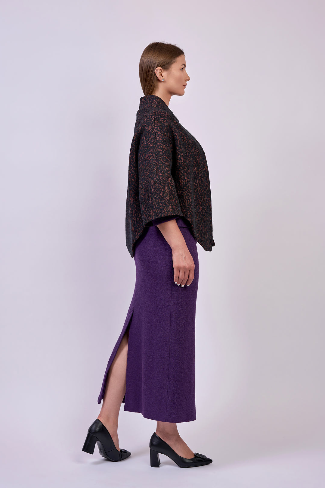 FAINA Stretch Boiled Tweed Virgin Wool Tailored Maxi Skirt in Eggplant