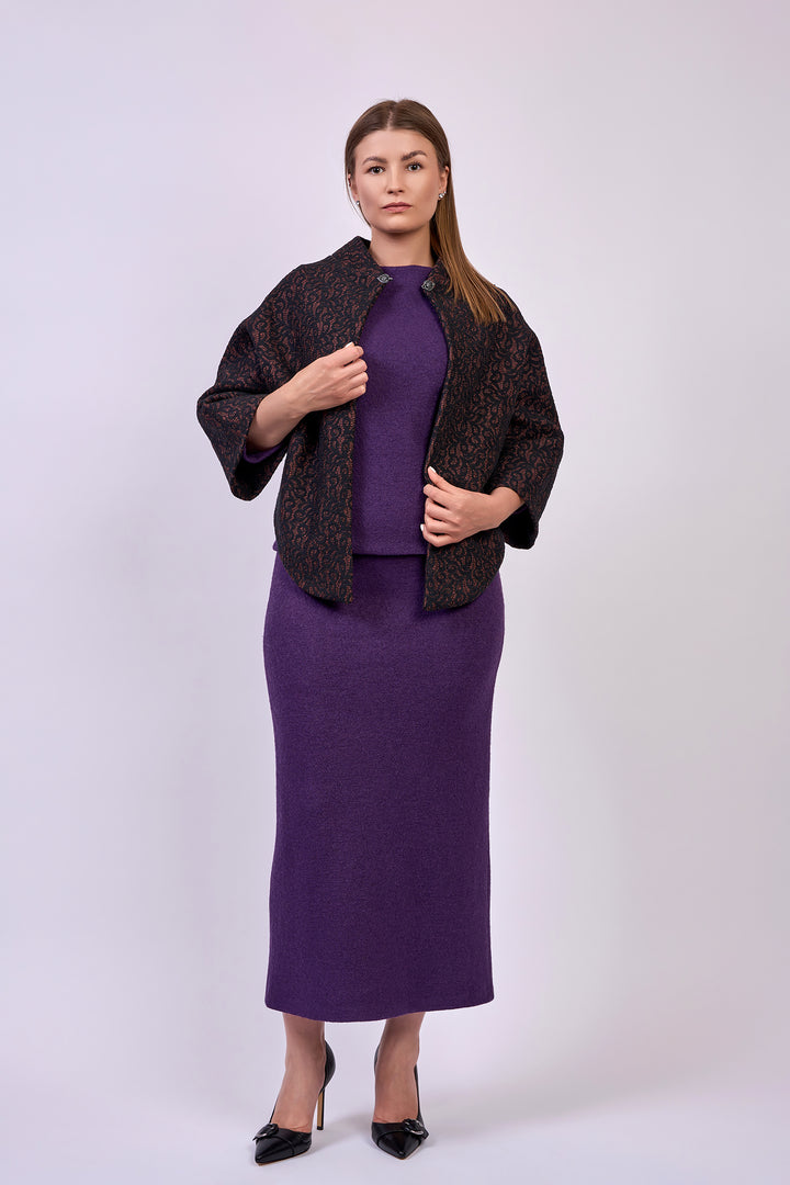 FAINA Stretch Boiled Tweed Virgin Wool Tailored Maxi Skirt in Eggplant