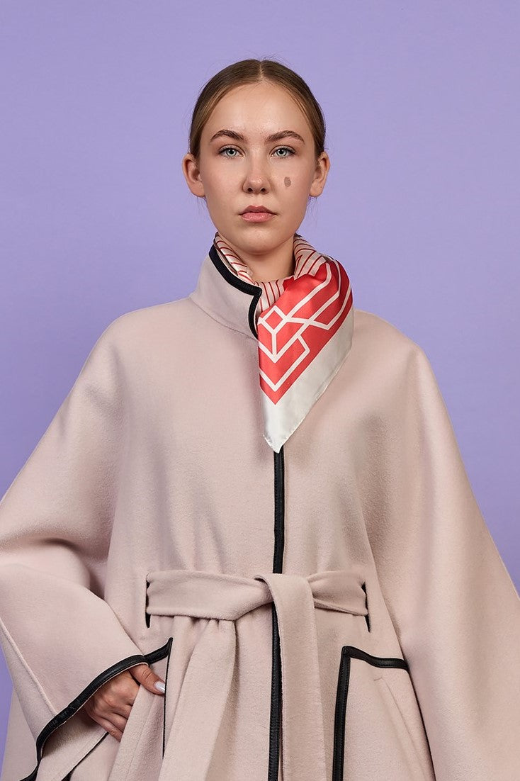 Luxury Blush Ivory Belted Cape Coat in Virgin Wool Cashmere With Black Leather Trim in Lake Forest Shop, Illinois, USA fashion designer Alesia C. boutique AlesiaC,com