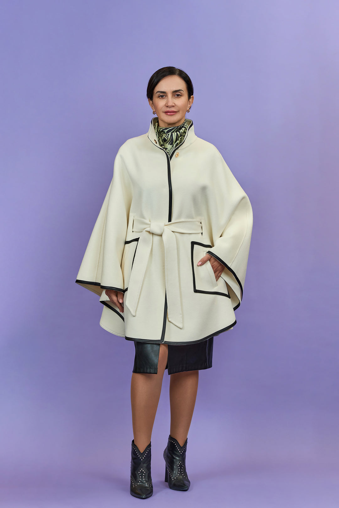 Best Designer White Belted Cape Coat in Virgin Wool Cashmere Black Leather Poncho Style by Alesia Chaika AlesiaC.com