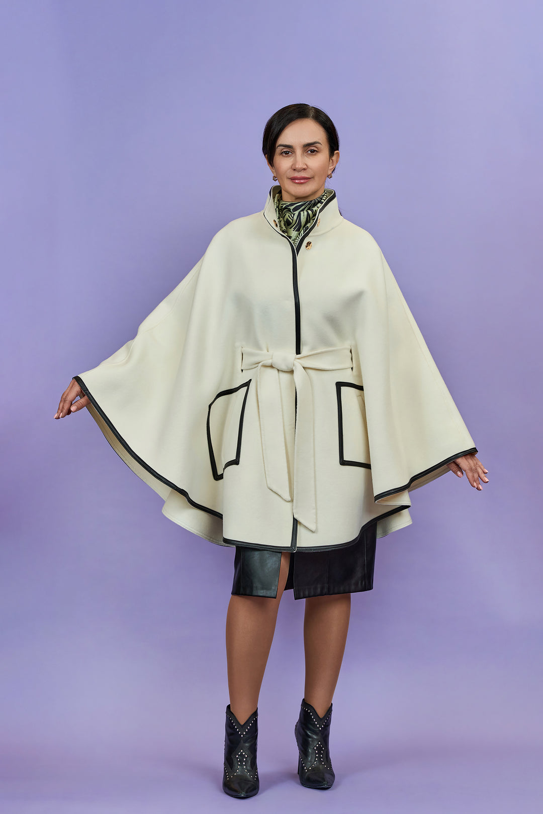 Best Designer White Belted Cape Coat in Virgin Wool Cashmere Black Leather Poncho Style by Alesia Chaika AlesiaC.com