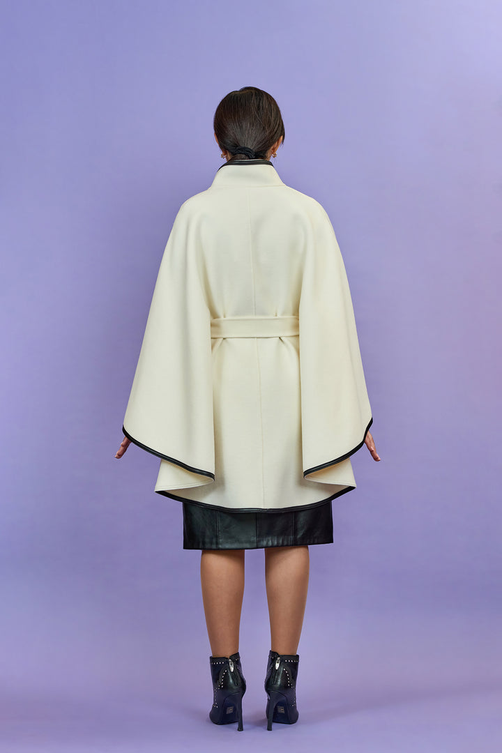 Best Designer White Belted Cape Coat in Virgin Wool Cashmere Black Leather Poncho Style by Alesia Chaika AlesiaC.com