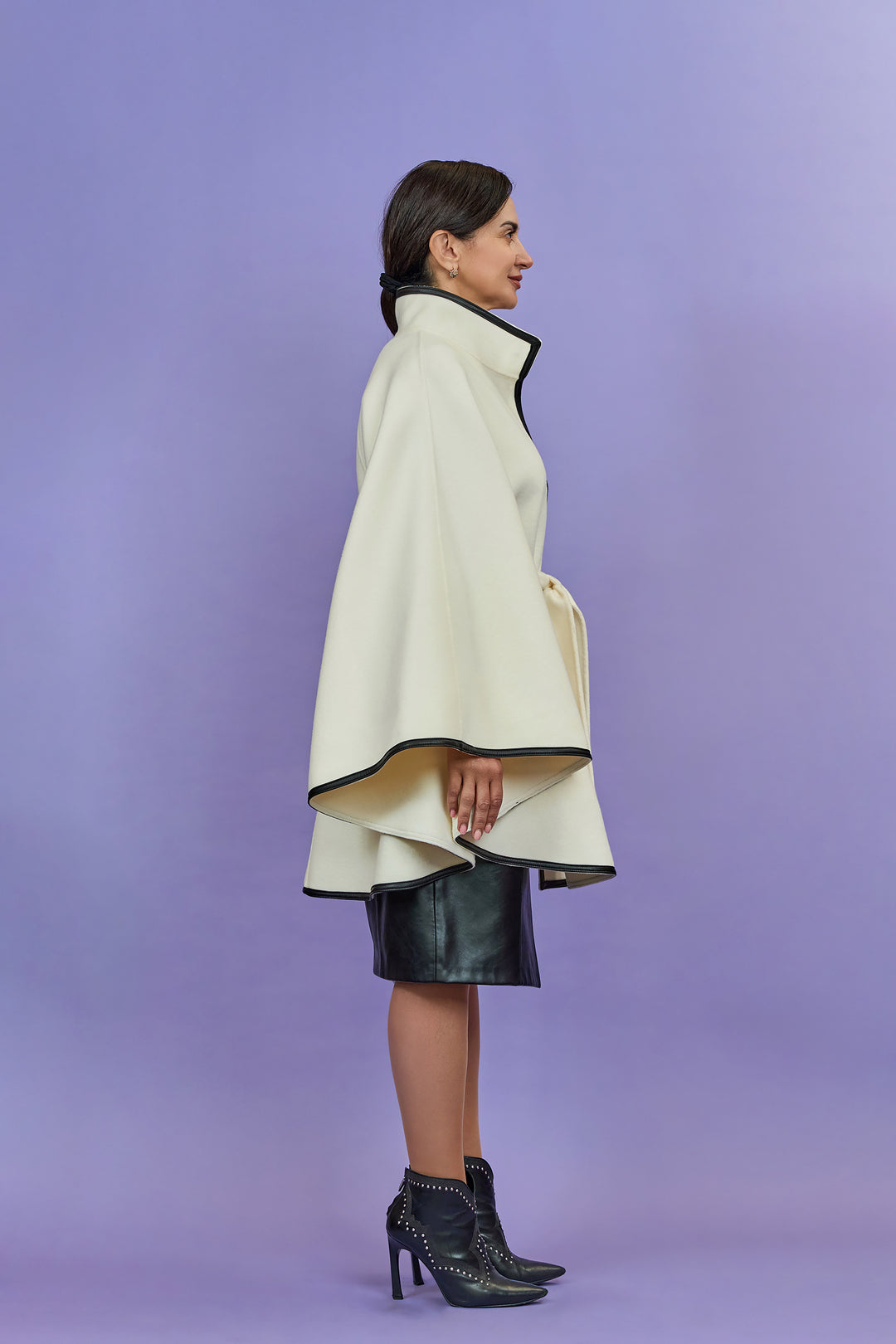 Best Designer White Belted Cape Coat in Virgin Wool Cashmere Black Leather Poncho Style by Alesia Chaika AlesiaC.com