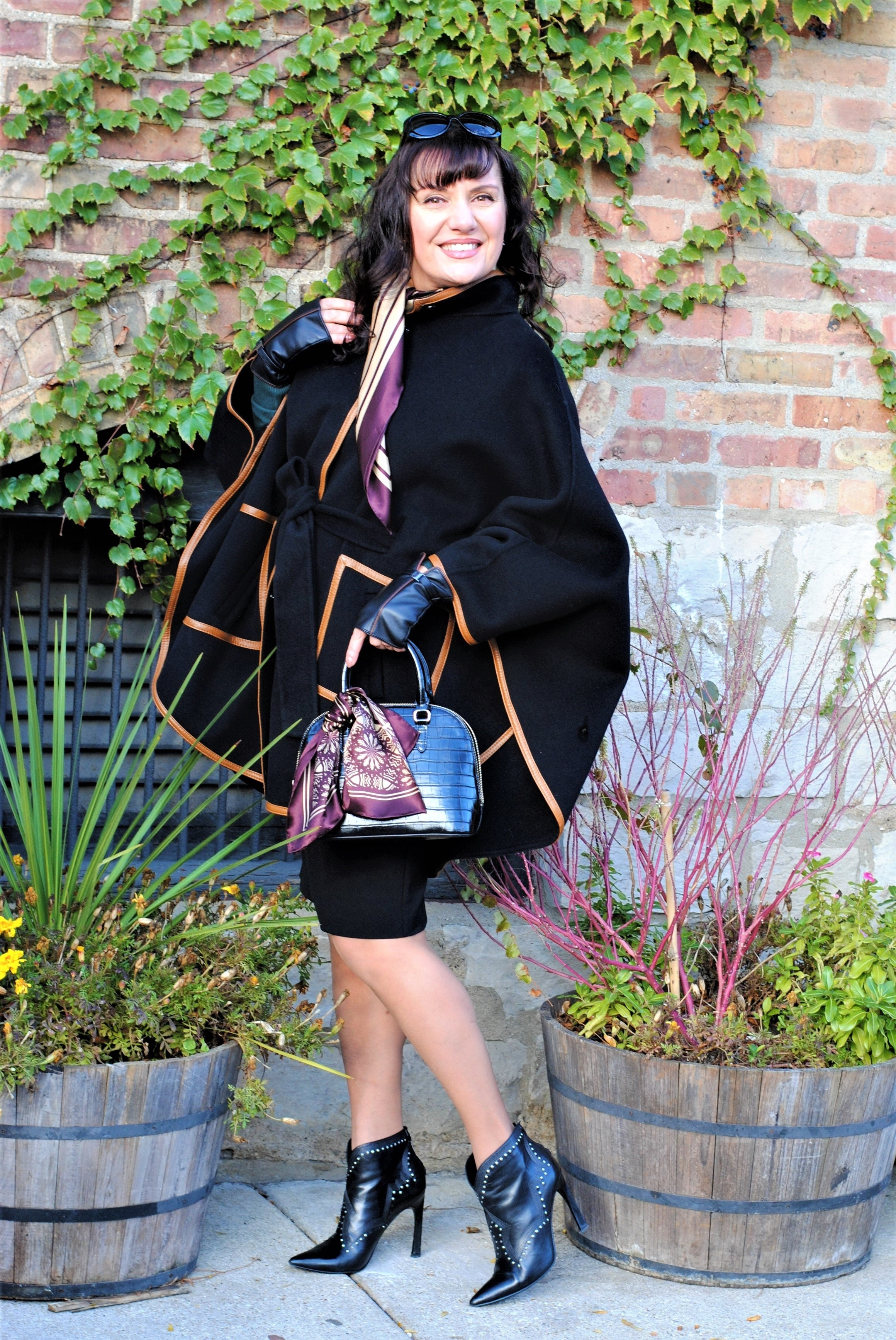 ALICE Black Belted Cape Coat in Virgin Wool Cashmere Black Leather