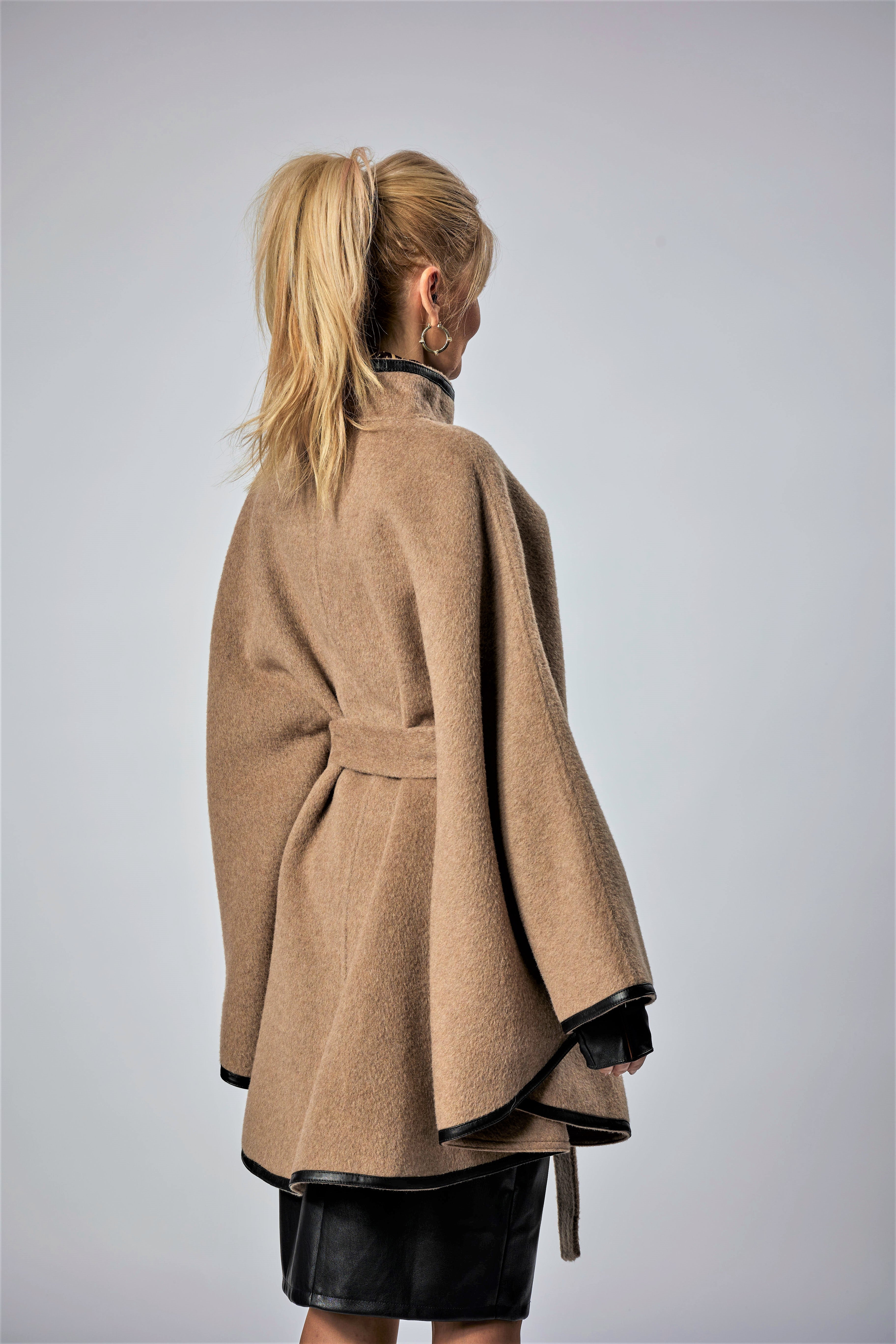 Beige Alpaca Wool Belted Cape Poncho Coat Brown Leather