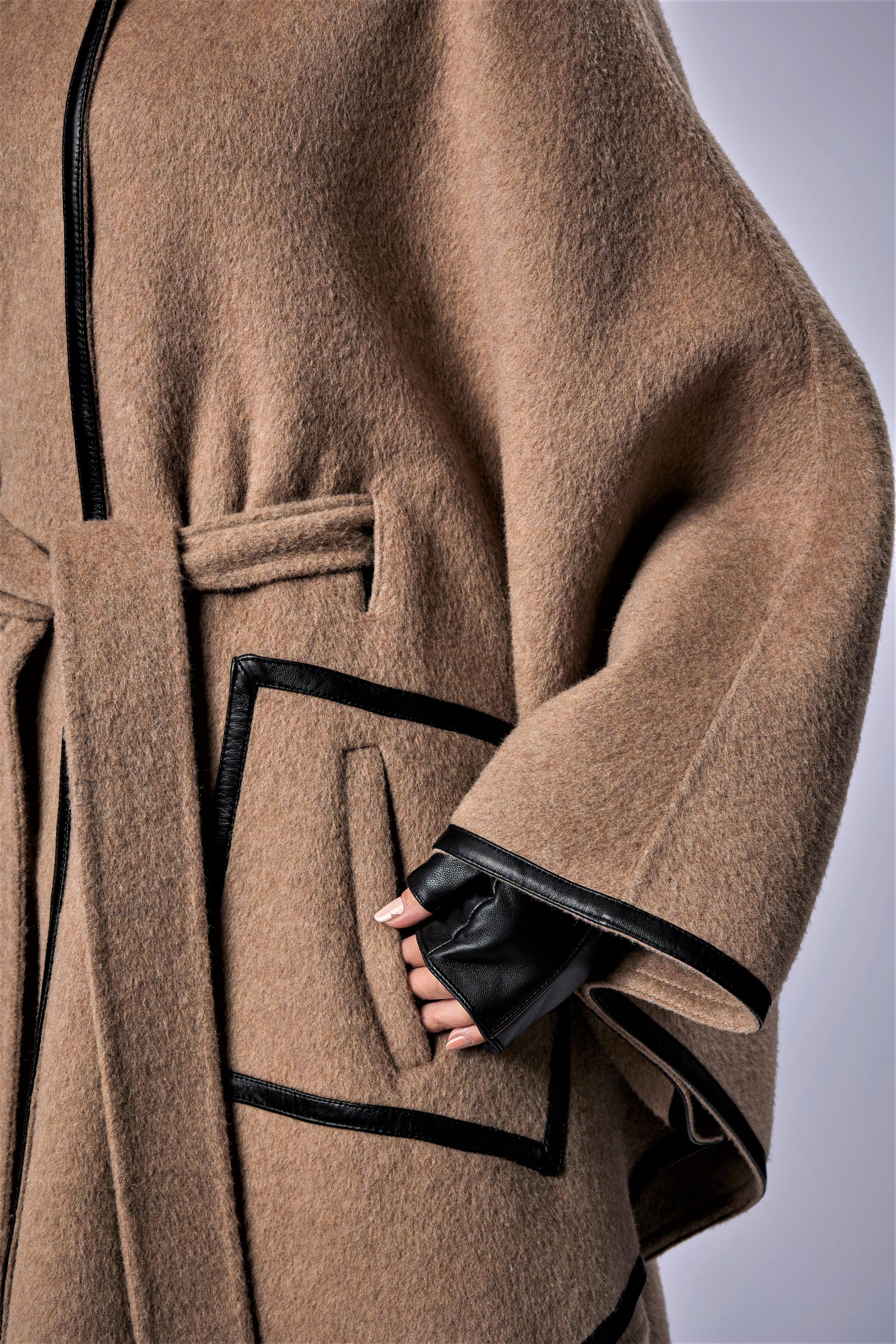 Beige Alpaca Wool Belted Cape Poncho Coat Brown Leather