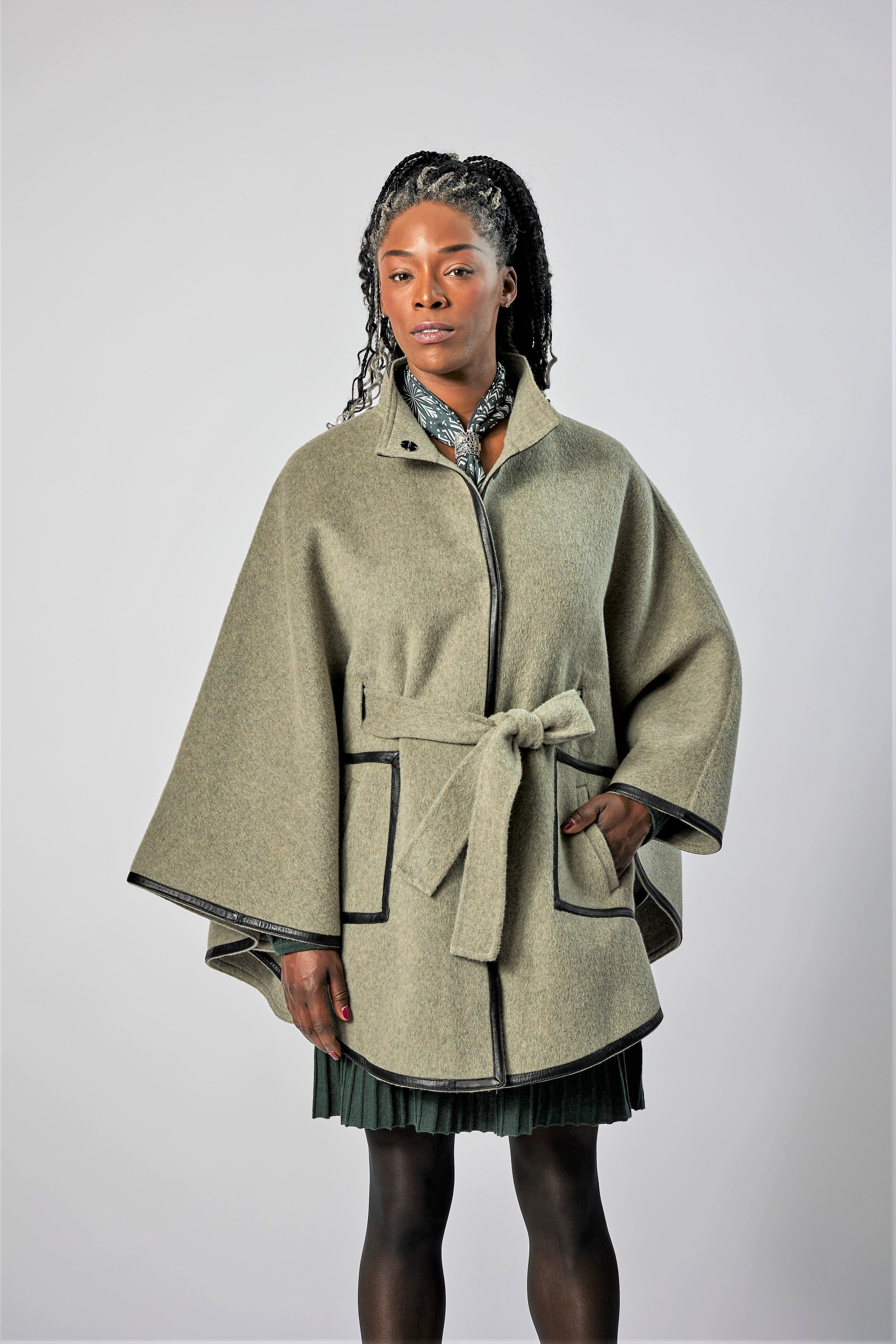 Sage Alpaca Wool Belted Cape Poncho Coat Black Leather